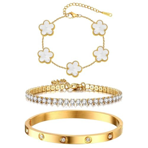 YOUNGGRACE 18K Gold Plated Bracelet Sets for Women - 3PCS Stackable Bracelets Including Bangle, Tennis Chain & Four Leaf Clover Bracelet, Elegant Gold Jewelry Set for Everyday Wear, Gift for Her | Amazon (US)