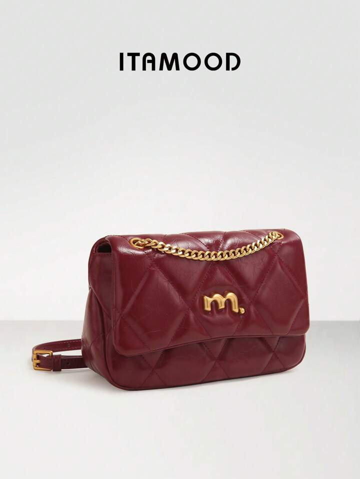ITAMOOD Elegante, Luxuriöse, Leise, Echte Zweischichtige Spaltleder-Vintage-Argyle-Steppung Mit Minimalistischem Design, Elegante Kettendetails Inspiriert Vom Designer, Elegante Handtasche In Burgunderrot, Leichte Business-Lässig-Umhängetasche, Achseltasche, Unterarmbeutel, Valentinstag-Geschenke, Geschenke Für Sie | SHEIN