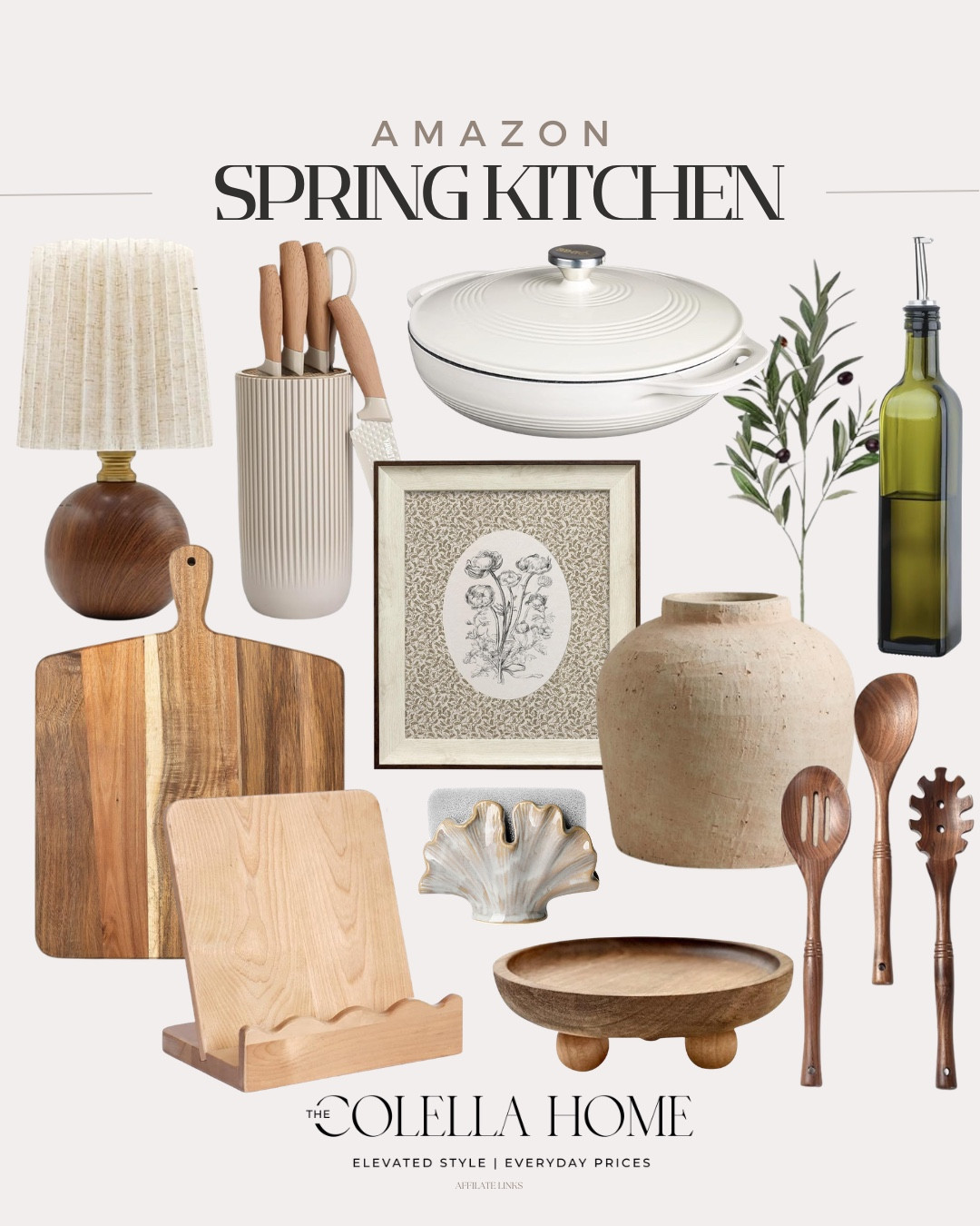 Spring kitchen includes charcuterie board, table lamp, knife set, wall art, vase, olive stems, tray, wooden spoons, oil dispenser, sponge holder, cast iron casserole dish, cookbook holder.

#LTKSeasonal #LTKHome #LTKSaleAlert