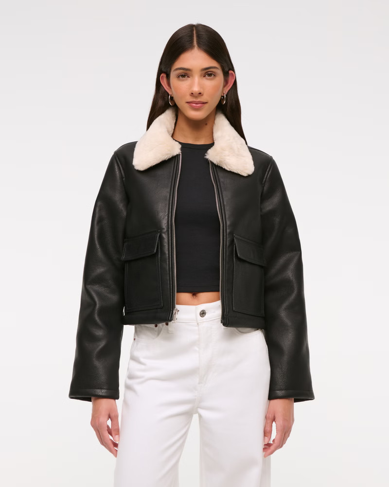 Women's Vegan Leather Utility Trucker Jacket | Women's Clearance | Abercrombie.com | Abercrombie & Fitch (US)
