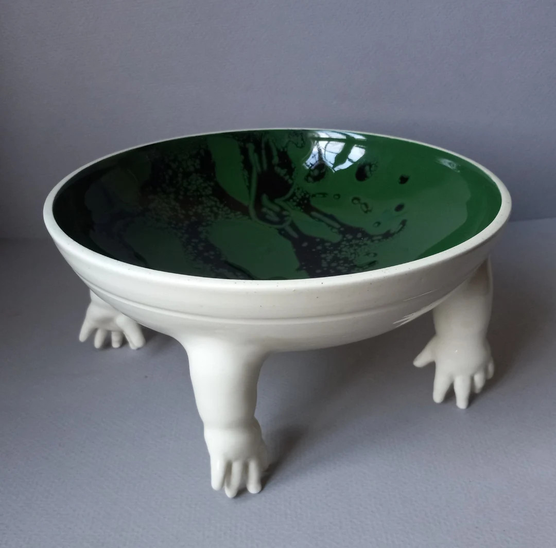 Standing Bowl W/hands, Deep Green and Black Interior, Low Fire White Clay, Susan Kniffin Davidson... | Etsy (US)