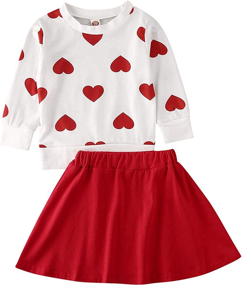 Valentine's Day Toddler Girl Outfit Heart Long Sleeve Top Skirt 2pcs Kids Toddler Girl Valentine's D | Amazon (US)