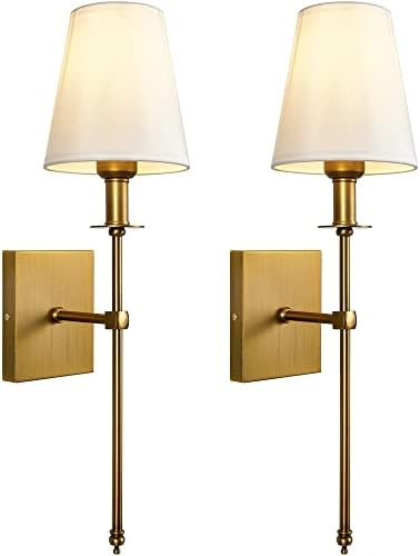 Passica Decor Modern Antique Brass Wall Sconce Set of Two, with Vertical Rod and White Fabric Fla... | Amazon (US)