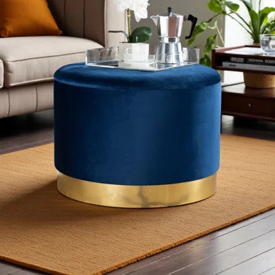 Mercer41 Veer Navy Blue Upholstered Storage Ottoman with Gold Finish