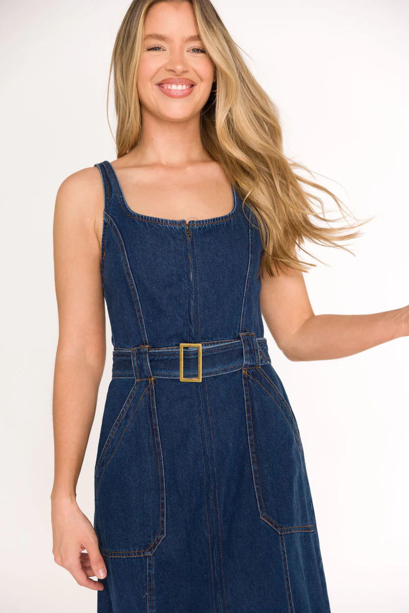 Samantha Belted Midi Dress in Denim | Worth Collective