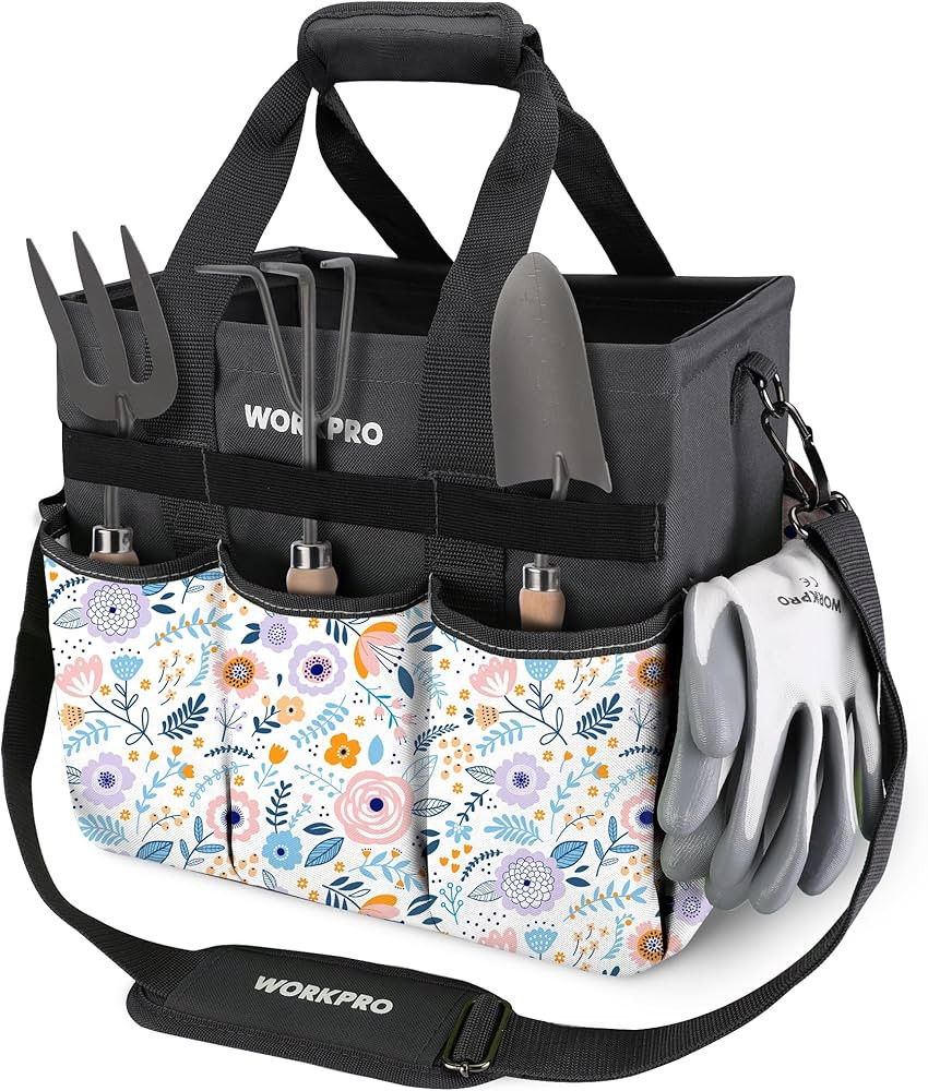 WORKPRO Garden Tool Bag, Heavy-Duty Gardening Tote Bag with 10 Pockets, Stand-Up Wide Mouth Tool ... | Amazon (US)