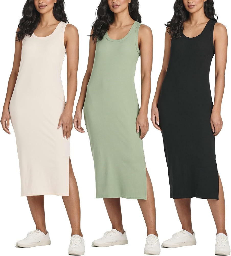 Real Essentials 3 Pack: Women's Ribbed Knit Sleeveless Crew Neck Tank Casual Midi Shift Dress wit... | Amazon (US)