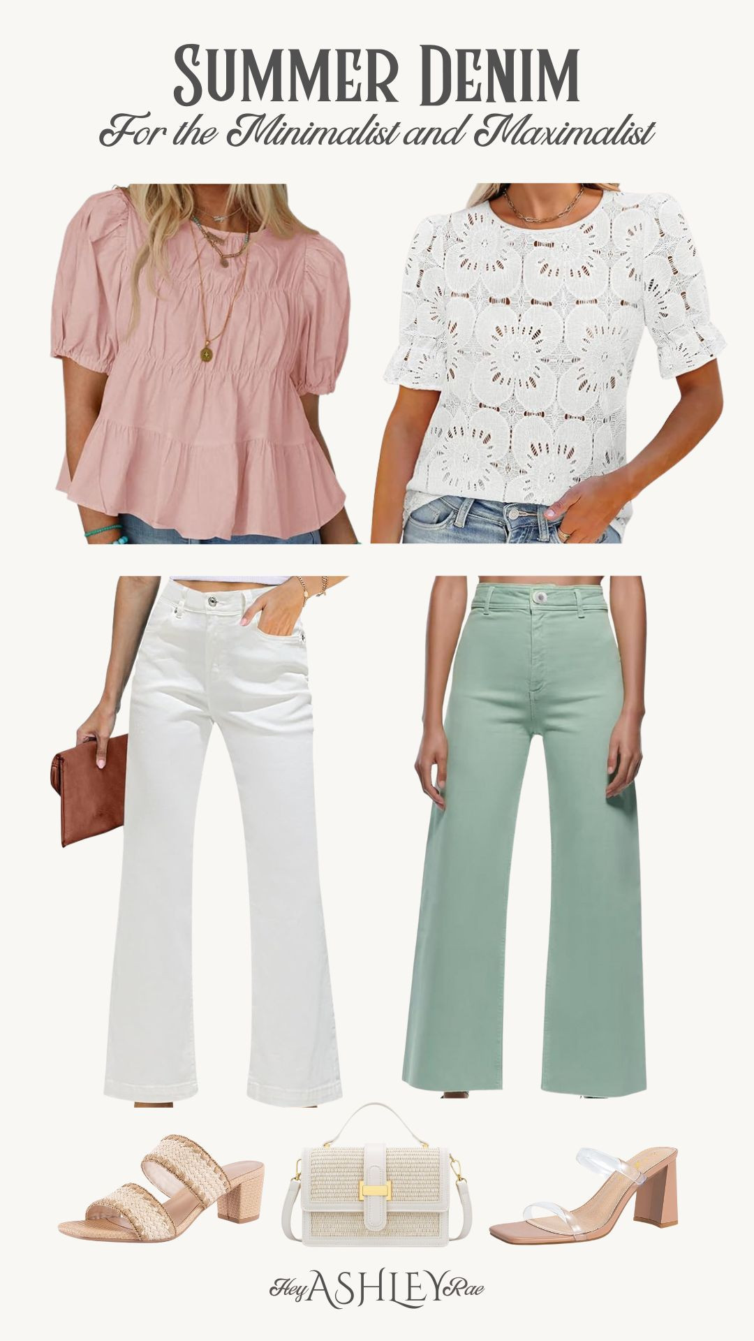 White jeans and pastel jeans are such a cute summer outfit staple! ☀️ size up one in the green denim!

White jeans, peplum top, eyelet top, short sleeve top, casual summer outfit, vacation outfit, spring outfit, summer denim, summer jeans, mom outfit, style over 30, casual outfit 

#LTKSeasonal #LTKFindsUnder50 #LTKStyleTip