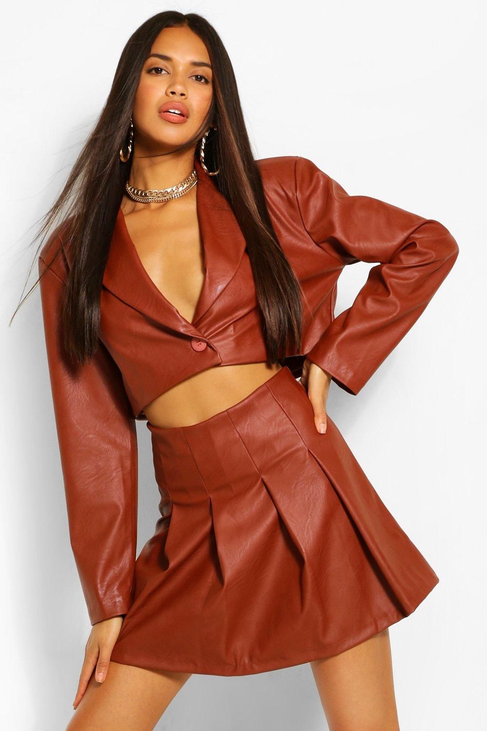 Womens Faux Leather Pleated Mini Skirt - Brown - 10 | Boohoo.com (US & CA)