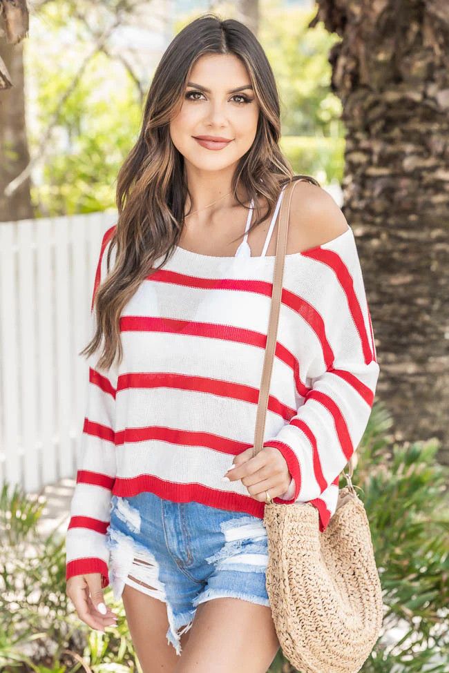 Red Stripe Wide Neck Sweater Memorial Day Outfit Patriotic Outfit Outfits US American Flag Sweater  | Pink Lily