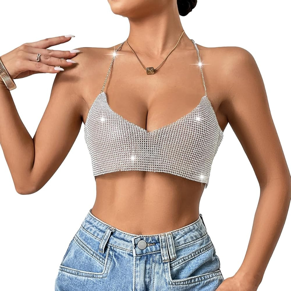 Women's Glitter Halter Tops Sparkle Crystal Rhinestone Chain Crop Top Metal Sequin Club Party Rav... | Amazon (US)