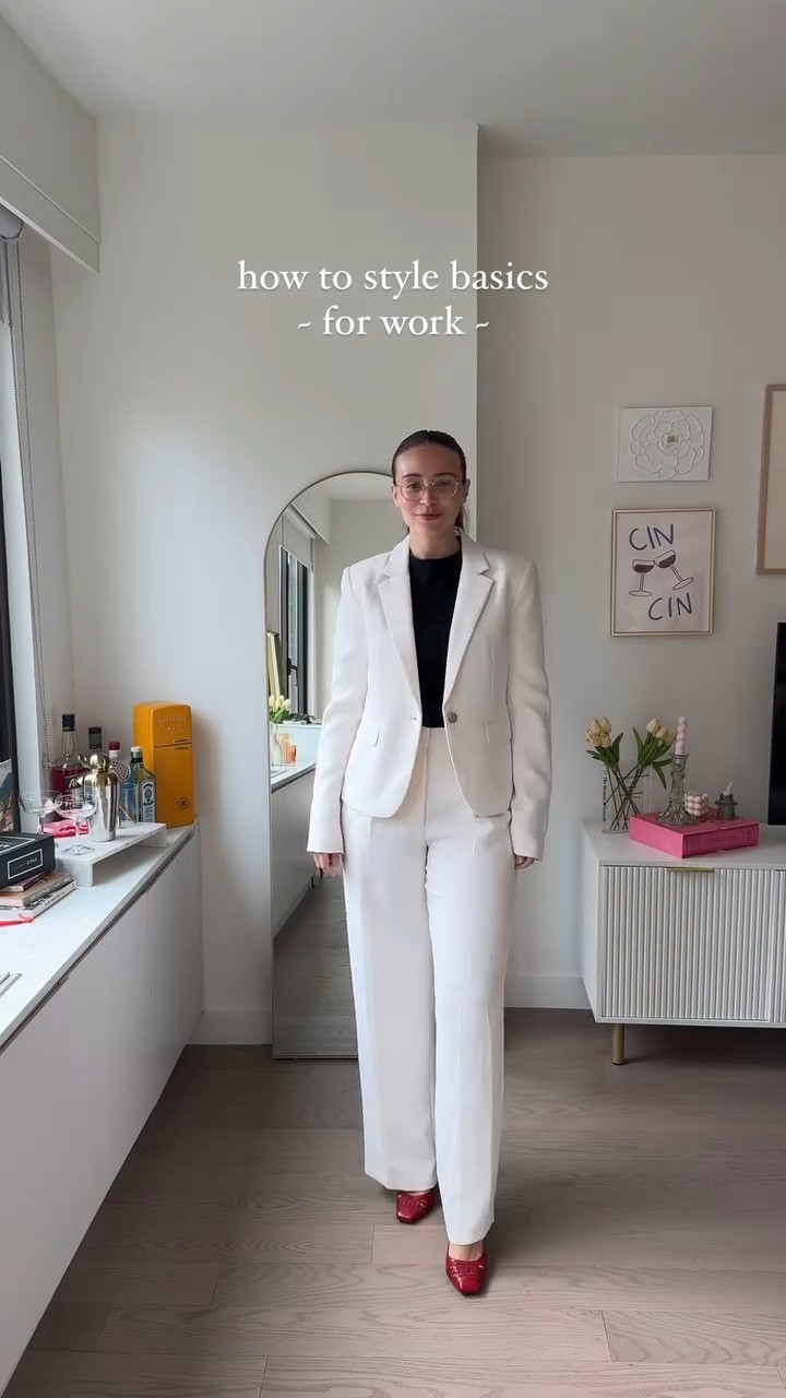A basic black top and white suit is a must for the corporate world 🫶🏼 spice it up with jewelry and colorful shoes - of course red is my color of choice for the shoes 👠

I didn’t put red lipstick on because I feared getting it all over the suit…. 

Outfit: 
Suit is @aritzia - Wilfred’s Effortless Pant and the Etiquette Blazer in birch white 
Top is @zara 
Shoes are vintage @ferragamo 
Earrings @tiffanyandco 
Necklace @davidyurman 
Glasses @warbyparker 

Summer, fall transition, fall outfits, fall transition outfit, business wear, business look, corporate girl, girlhood, corporate girlies, fall looks, outfit, ootd, grwm, get ready with me, style, styling, fashion, fashion style, fashion girl, outfits, outfit inspiration, outfit inspo, pinterest, pinterest girl, pinterest outfit, pinterest aesthetic