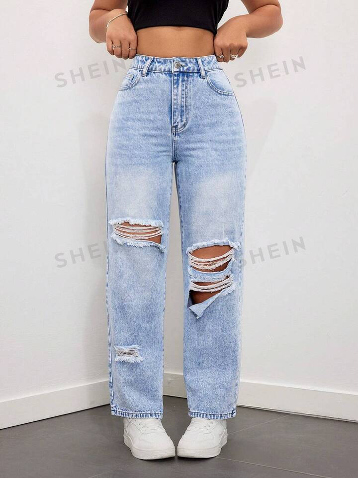 SHEIN ICON High Waisted Distressed Washed Straight Leg Jeans | SHEIN