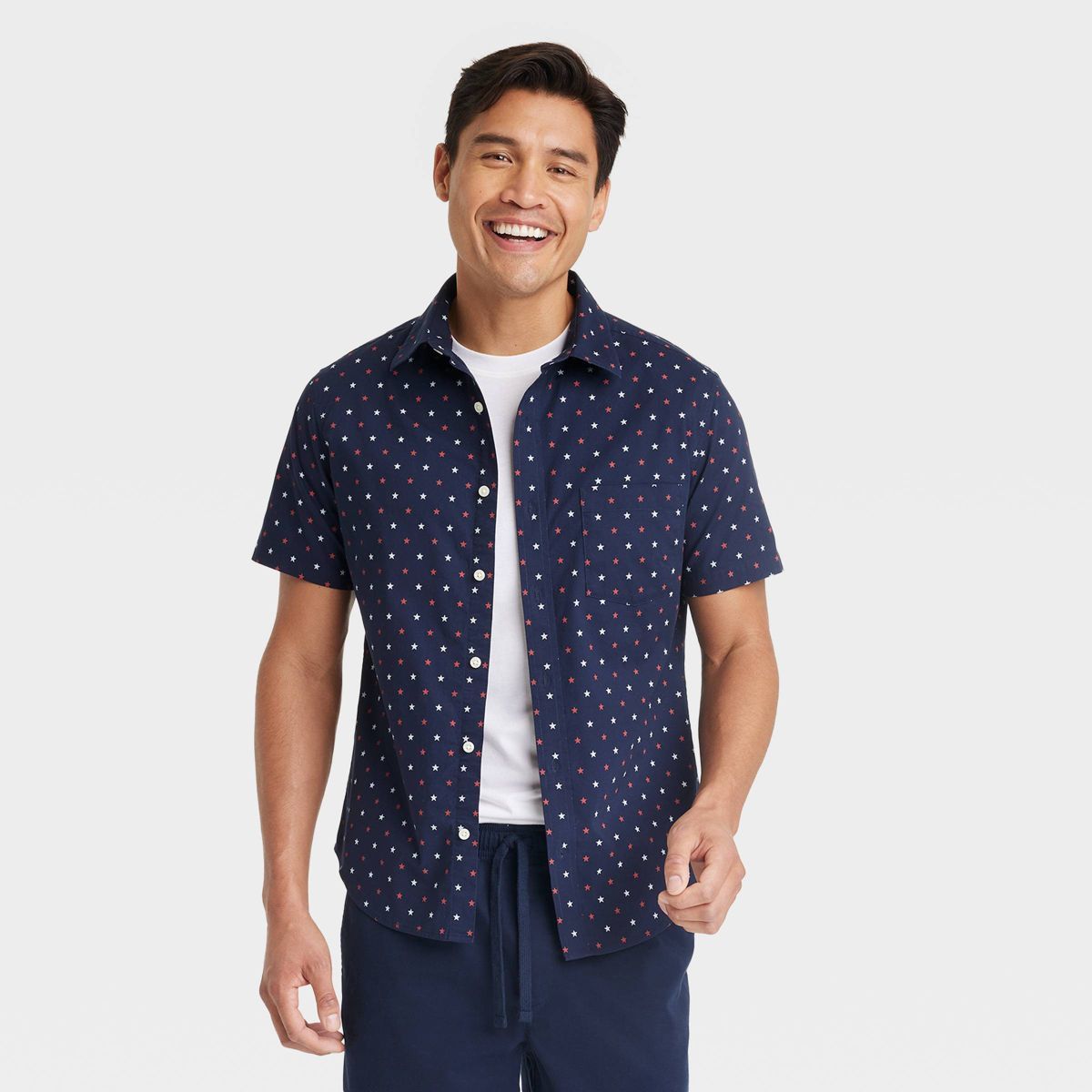 Men's Star Print Short Sleeve Button-Down Shirt - Goodfellow & Co™ Heathered Navy Blue | Target