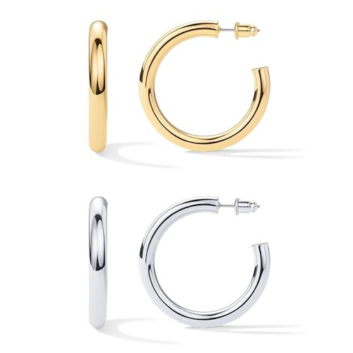 PAVOI 14K Gold Plated Lightweight Chunky Open Hoops | 40mm White & Yellow Gold Pack Hoop Earrings for Women | Amazon (US)