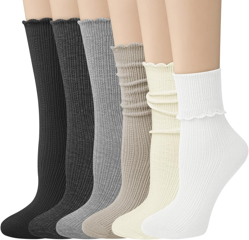 Justay 6 Pairs Womens Ruffle Socks Cute Frilly Crew Boot Casual Slouch Cotton Socks for Women Gif... | Amazon (US)