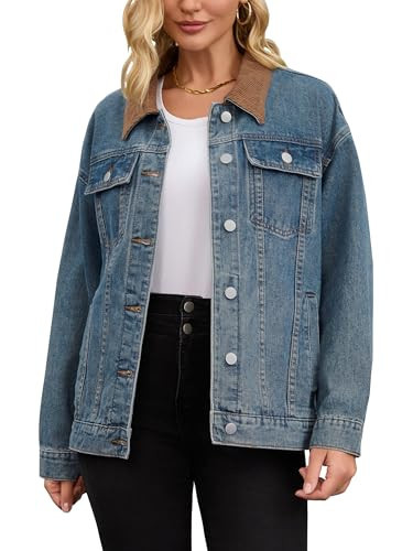 CIMUK Women's Jean Jacket Button Down Corduroy Collar Long Sleeve Western Shacket Denim Jackets X-Large Retro Blue | Amazon (US)