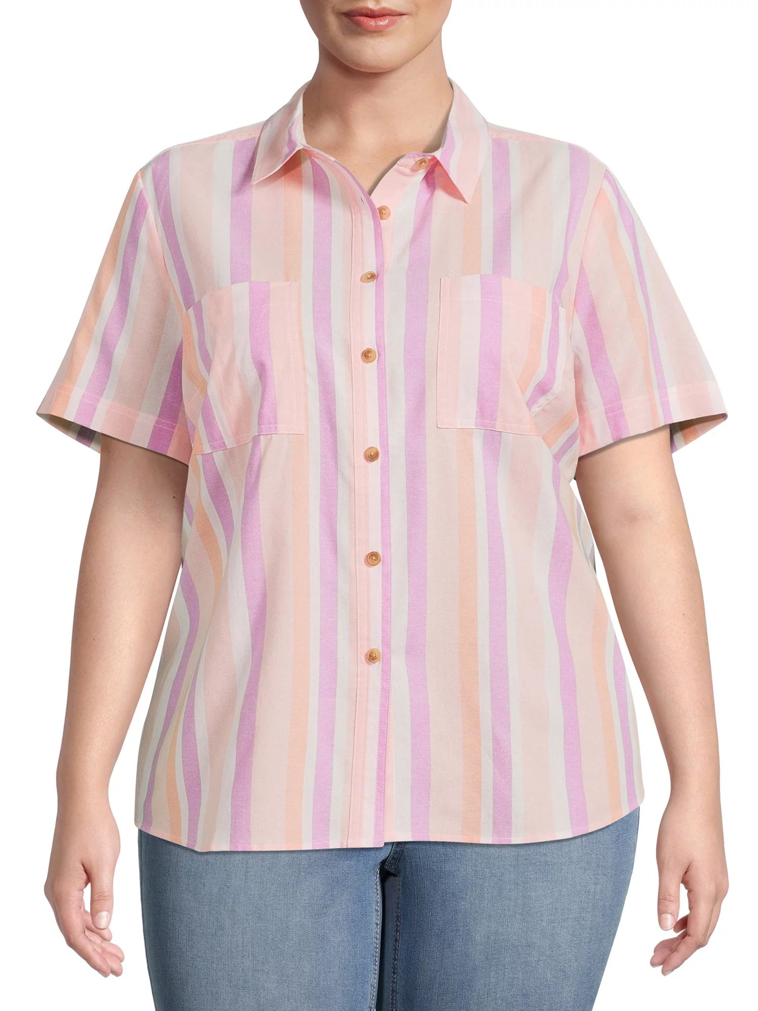 Terra & Sky Women's Plus Size Button Front Camp Shirt - Walmart.com | Walmart (US)