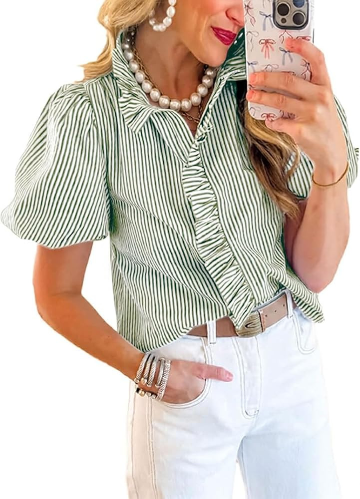 Disamer Womens Puffy Sleeves Tops Button Down Shirt Ruffle Shirt Short Striped Work Tops Trendy B... | Amazon (US)