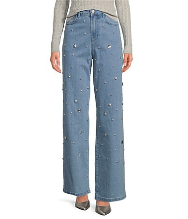 Gianni Bini Brandi Jewel Rhinestone Denim High Rise Wide Leg Jeans - 25 | Dillard's