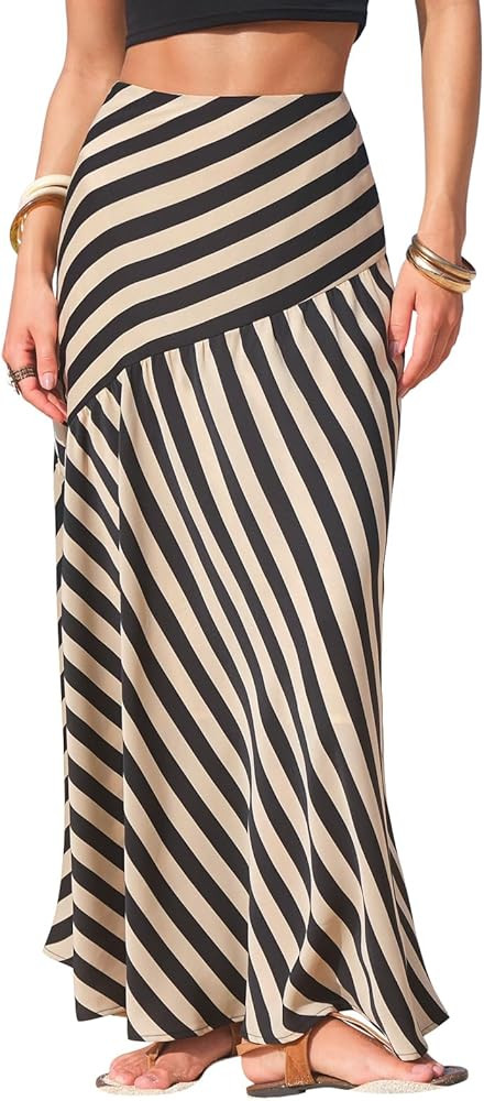 EXLURA Women's Boho Striped Maxi Skirt High Waisted A-Line Summer Beach Long Skirts with Lining C... | Amazon (US)
