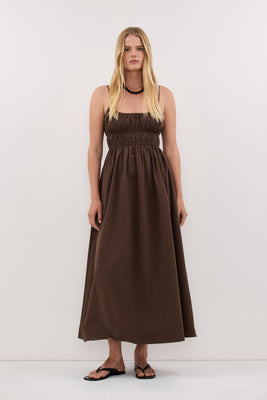 ZAHARA BITTER CHOC COTTON MIDI DRESS | DISSH