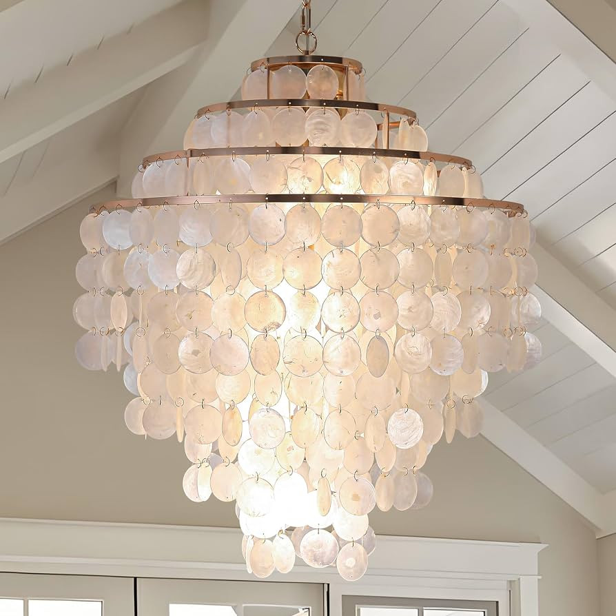 Coastal Capiz Shell Chandelier 24 inch Gold Natural Seashell Farmhouse Boho Chandelier 4-Light Pe... | Amazon (US)