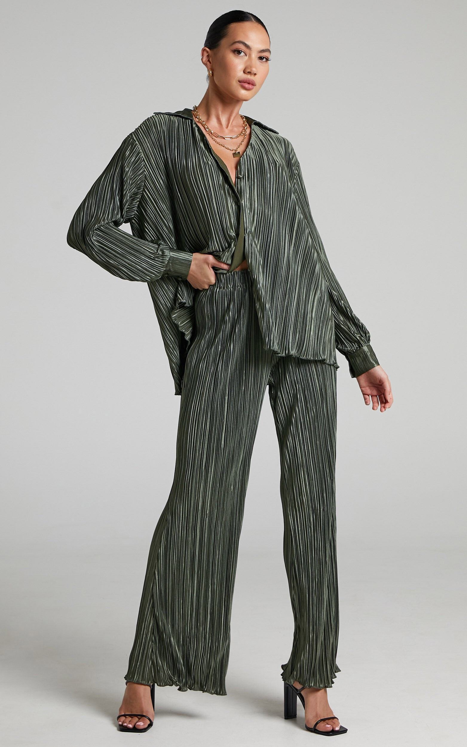 Beca Plisse Flared Pants in Olive | Showpo | Showpo - deactived