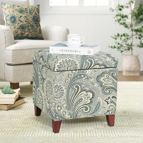 Adeco 18" Cube Storage Ottoman in Blue Paisley, Upholstered Linen Foot Stool & Accent Chair for E... | Amazon (US)