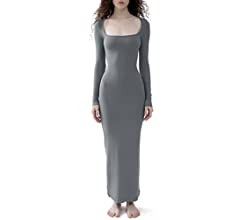 PUMIEY Women's Square Neck Long Sleeve Maxi Dress Soft Lounge Ribbed Bodycon Dresses for Women | Amazon (CA)