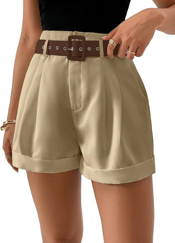 SweatyRocks Women's Casual High Waist Wide Leg Shorts Plicated Roll Hem Belted Shorts | Amazon (US)