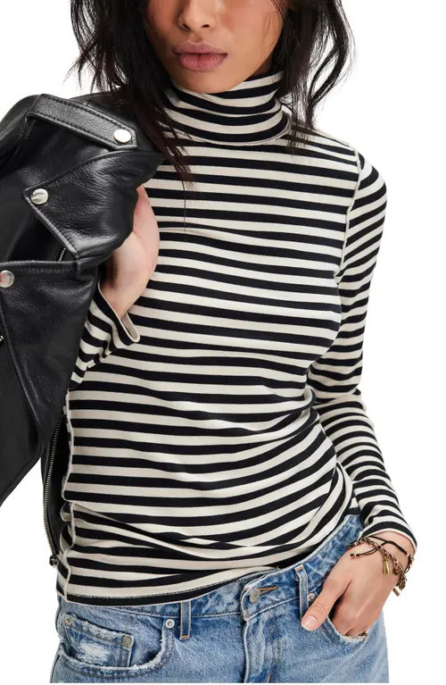 Free People Good Good Stripe Turtleneck Top in Black Combo at Nordstrom, Size Small | Nordstrom