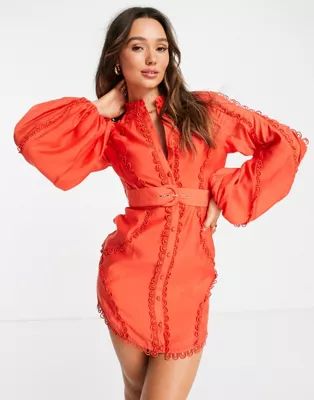 ASOS DESIGN blouson sleeve mini dress with lace detail and belt in red | ASOS (Global)