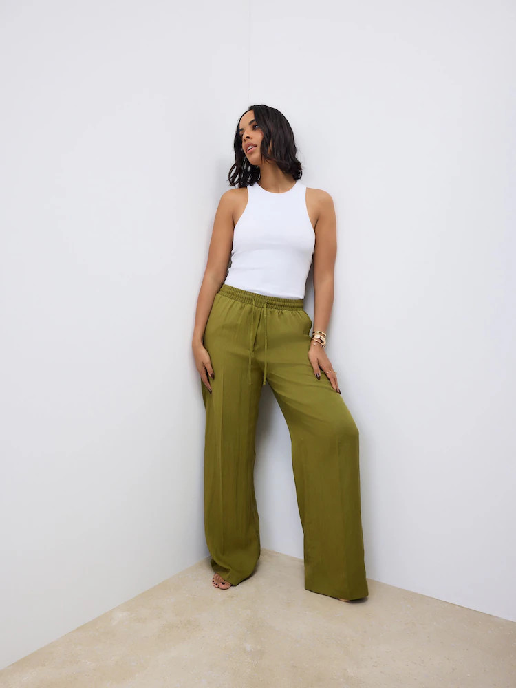 Green Elasticated Tie Waist Wide Leg Trousers | Next EU