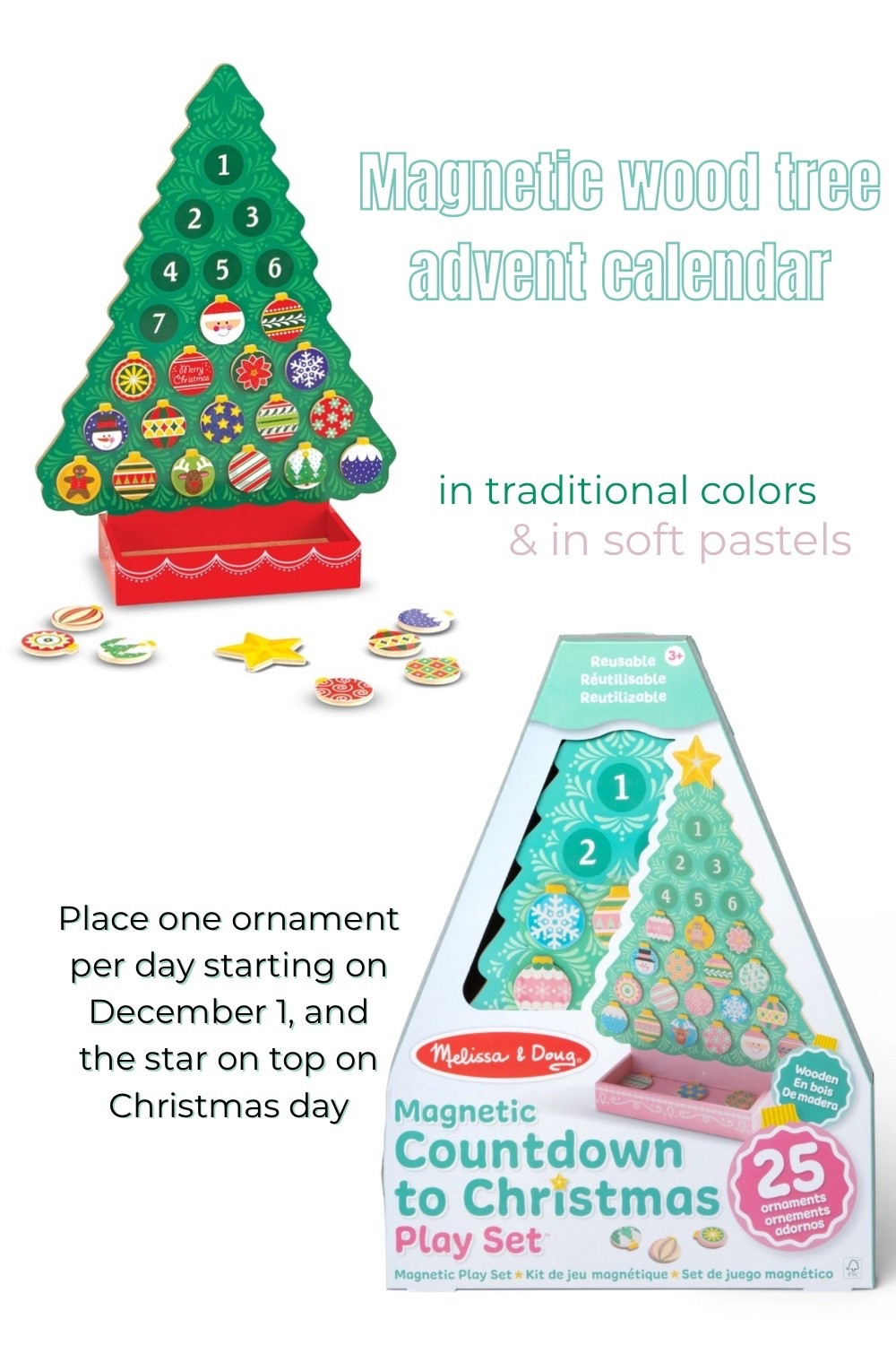 Celebrate the holiday season with the Melissa & Doug Countdown to Christmas Wooden Magnetic Advent Calendar. This charming holiday tree includes 24 unique magnetic ornaments and a star for Christmas Day, all fitting neatly in a built-in box at the base. Kids can enjoy choosing their favorite design to place on the tree every day, learning numbers and counting as they go. 