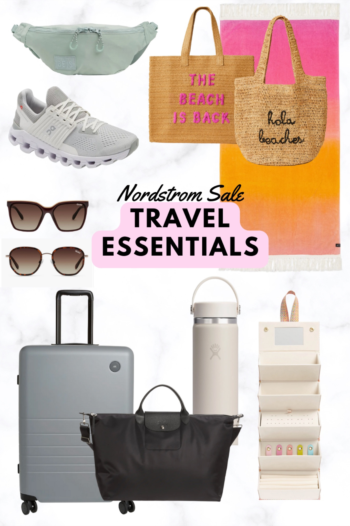 Have a trip coming up? Here’s all the great deals on travel essentials! The jewelry travel holder is SO cute. I expect the Monos luggage to sell out quickly! If you need walking shoes, On Cloudswift are my faves! Bags, water bottles and so much more! 
#travelessentials
#luggagesale
#hydroflask
#oncloudswift
#beachbags
#beachessentials
#sunglasses
#quay 
#travelneeds
#vacationmode

#LTKtravel #LTKsalealert #LTKxNSale