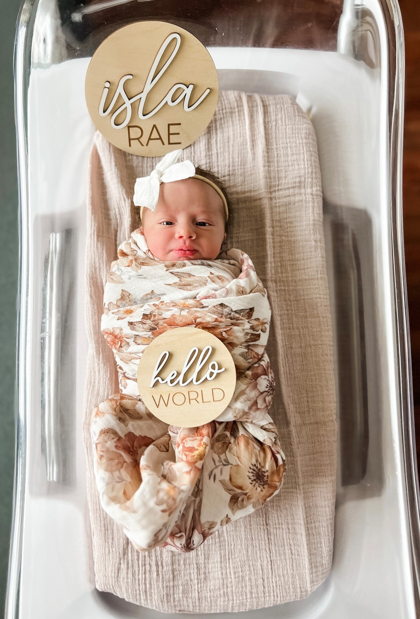 Newborn hospital picture. 📸 

Baby girl floral swaddle. Wood name sign baby. Baby announcement. Amazon    

#LTKBaby #LTKKids #LTKBump