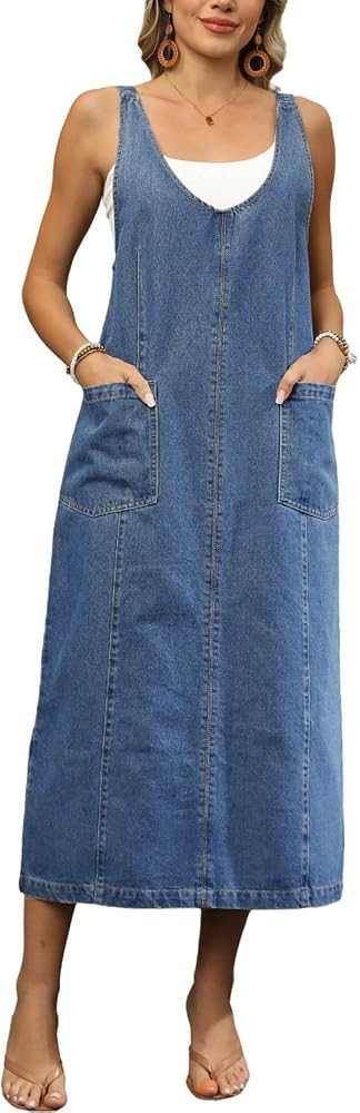 yoeasy Women's V Neck Sleeveless Denim Overall Dress Adjustable Strap Vintage Back Slit Midi Jean... | Amazon (US)