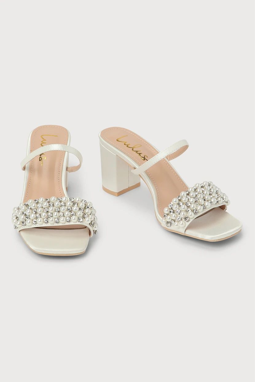 Karcen Ivory Satin Pearl Rhinestone High Heel Slide Sandals | Lulus (US)