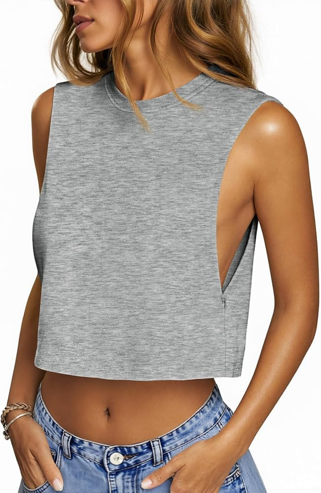 Fisoew Womens Workout Cropped Tank Tops Boxy Loose Fit Casual Sleeveless Shirts Athletic Crew Nec... | Amazon (US)