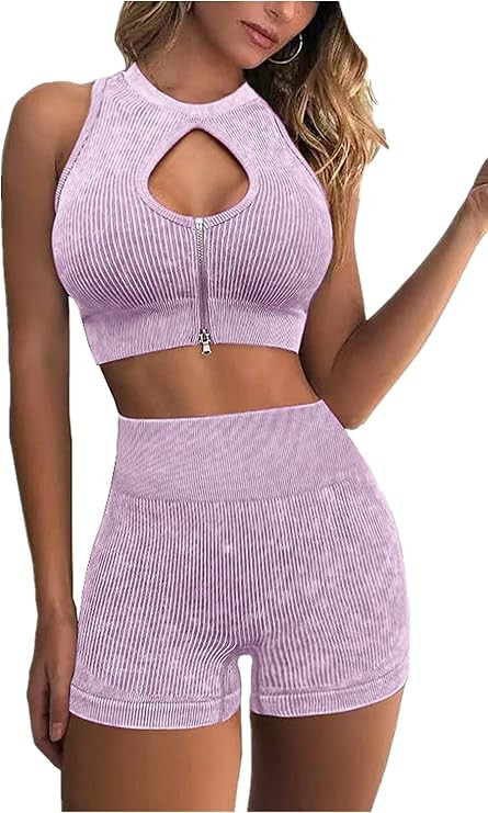Workout Sets for Women 2 Piece - Acid Wash Seamless Ribbed High Waist Shorts and Keyhole Zip Crop... | Amazon (US)