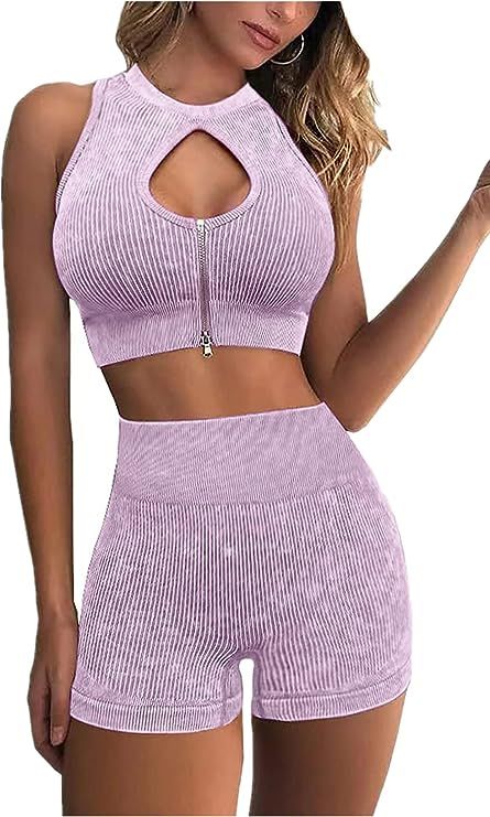 Workout Sets for Women 2 Piece - Acid Wash Seamless Ribbed High Waist Shorts and Keyhole Zip Crop... | Amazon (US)