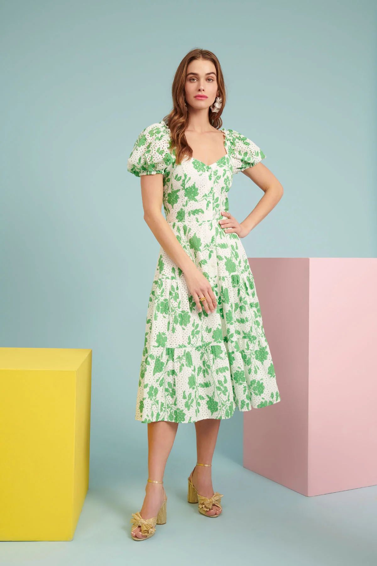 Eyelet Puff Sleeve Midi Dress - Foliage Green | Rachel Parcell