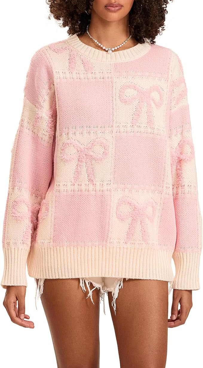 Women's Fall Winter Oversized Color Block Bow Sweater Pullover Long Sleeve Crewneck Cable Knit To... | Amazon (US)