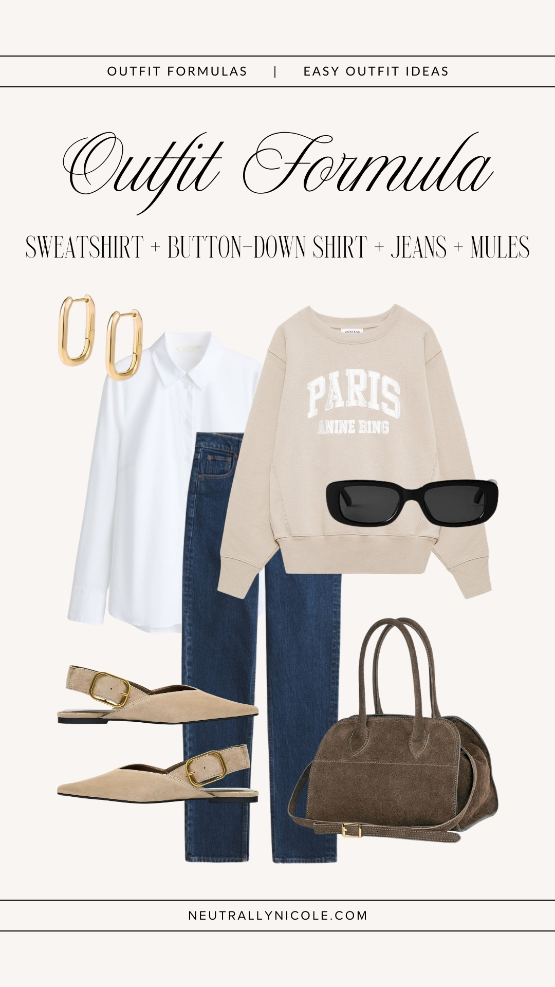 Outfit formulas for easy everyday outfits ft capsule wardrobe staples | work outfits, business casual workwear, office outfit, spring outfit, brunch outfit, sweatshirt outfit, button-down shirt outfit, straight-leg jeans outfit, mules outfit, neutral outfit, neutral style, amazon fashion, abercrombie jeans // Neutrally Nicole, @neutrallynicole, neutrallynicole.com 

 #LTKootd #LTKSaleAlert #LTKWorkwear