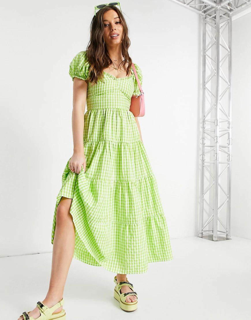 Stradivarius milkmaid poplin dress with puff sleeves in green gingham | ASOS (Global)