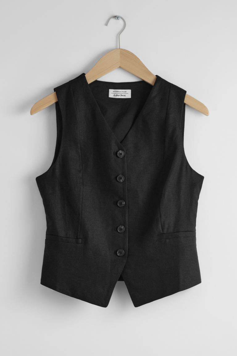 Tailored Linen Waistcoat - V-neck - Sleeveless - Black - Ladies | H&M GB | H&M (UK, MY, IN, SG, PH, TW, HK)
