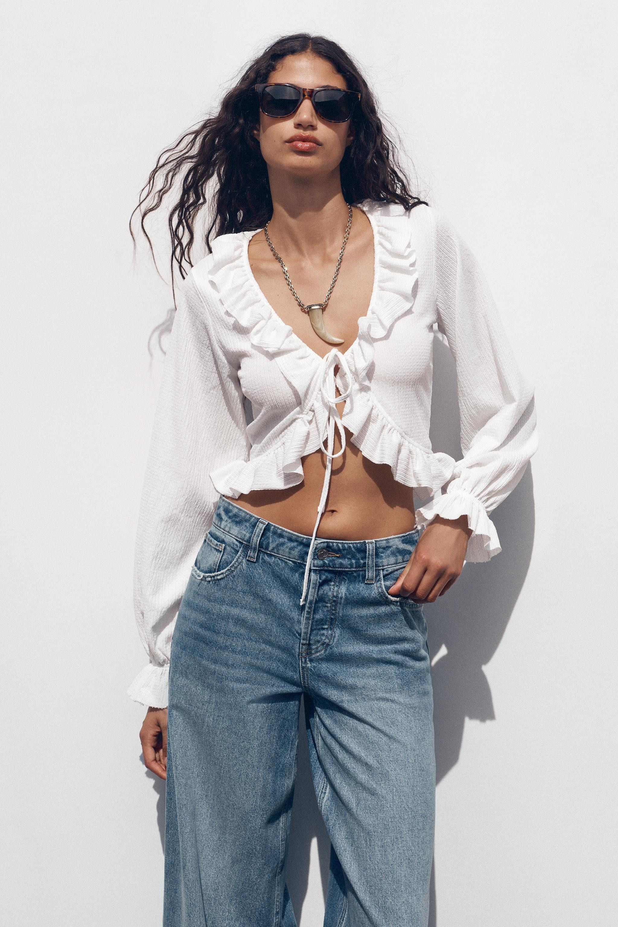 RUFFLED V-NECK TOP White yellow Greens | Zara US