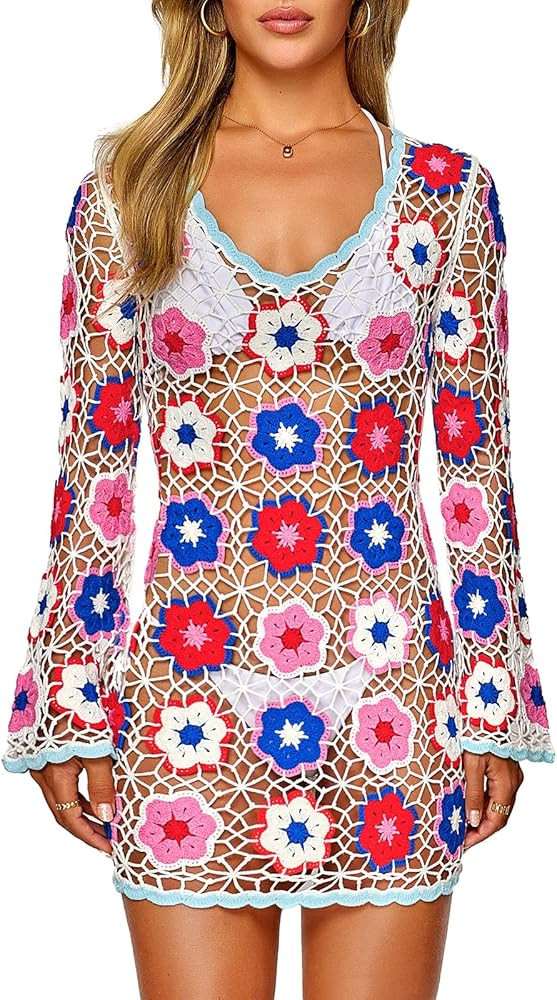 FAIRY SEASON Women's Crochet Beach Cover Up Dress Boho Bell Sleeve 3D Camellia Embroidery for Vac... | Amazon (US)