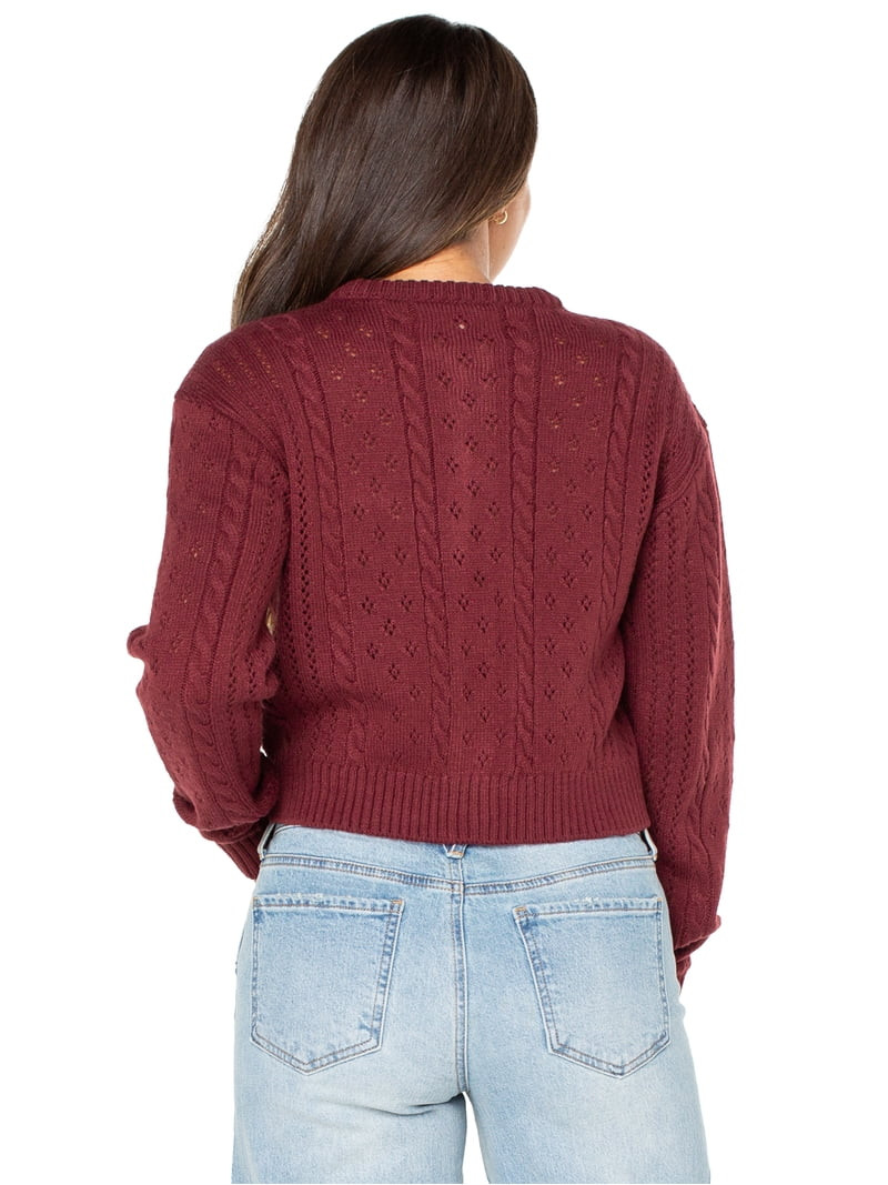 Celebrity Pink Women's Pointelle Crewneck Cardigan Sweater, Sizes XS-XXXL | Walmart (US)